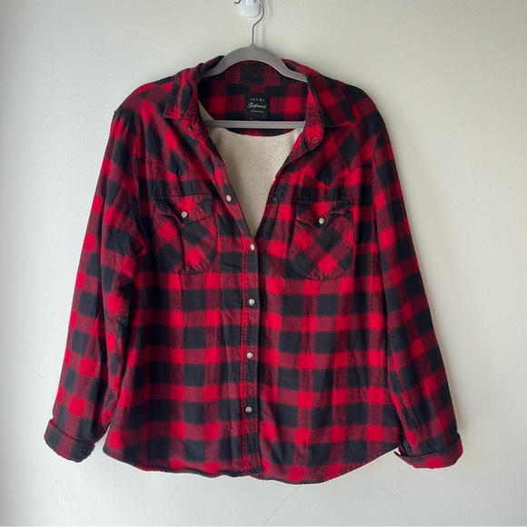 JACHS Girlfriend Sherpa Lined Buffalo Plaid Flannel Shirt Jacket Size Large - Picture 1 of 12
